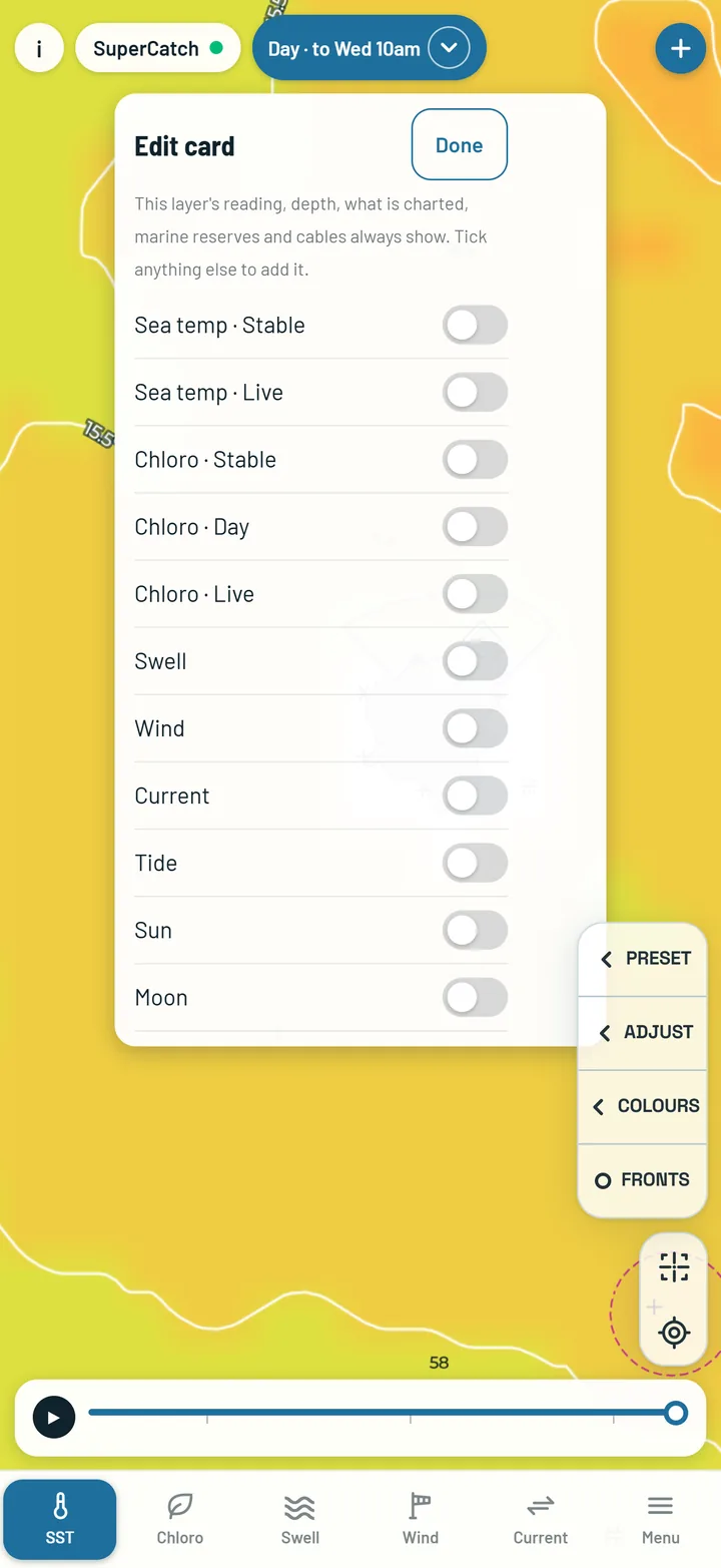 The card's EDIT switches for sea temperature, chloro, swell, wind, current, tide, sun and moon