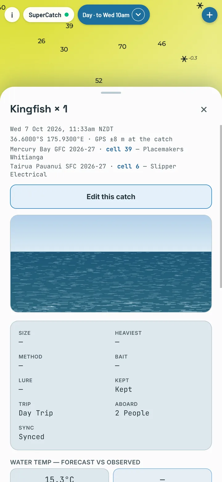 A saved catch with its species, photo and conditions