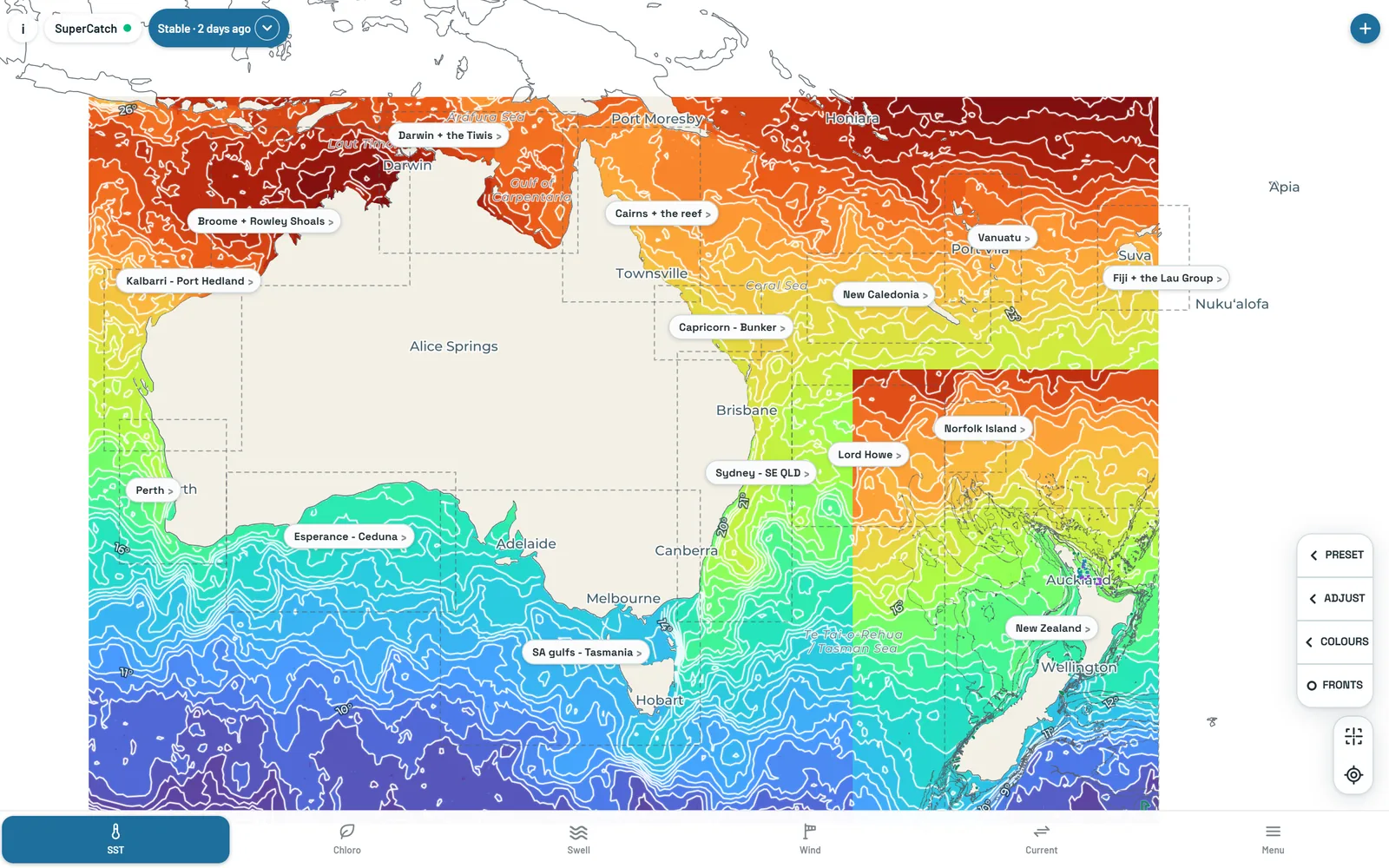 The coverage boxes across New Zealand, Australia and the Pacific on a desktop screen