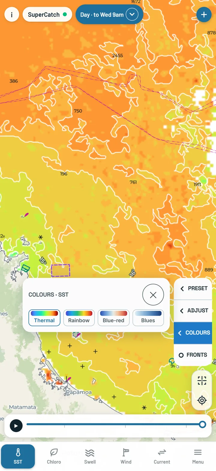 Colours open beside the map on SST: the four colour choices, one tap