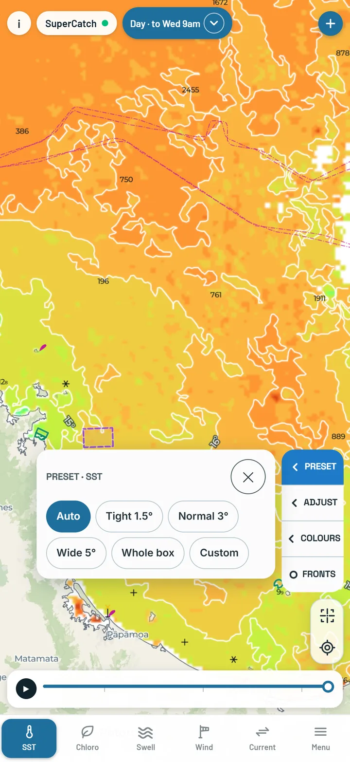 Preset open on SST: ready-made colour ranges beside the map