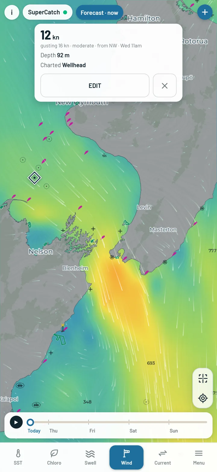 Wind particles over the map with the card showing the gust